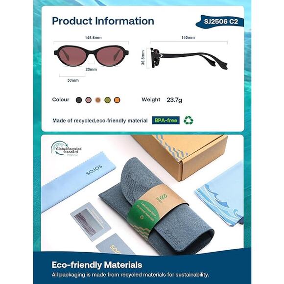SOJOS Sunglasses Women Oval Polarized UV400 Echo Eco Friendly Recycled Frame - Picture 4 of 6